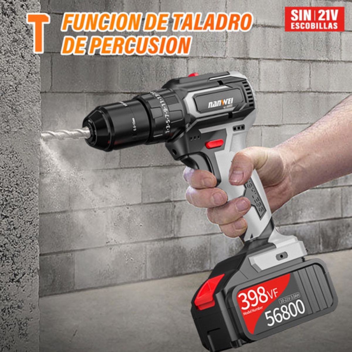 Taladro Rotomartillo Nanwei Sin Carbones Con 2baterías 3.0ah Color Negro