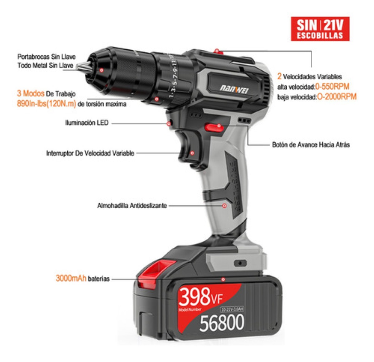 Taladro Rotomartillo Nanwei Sin Carbones Con 2baterías 3.0ah Color Negro