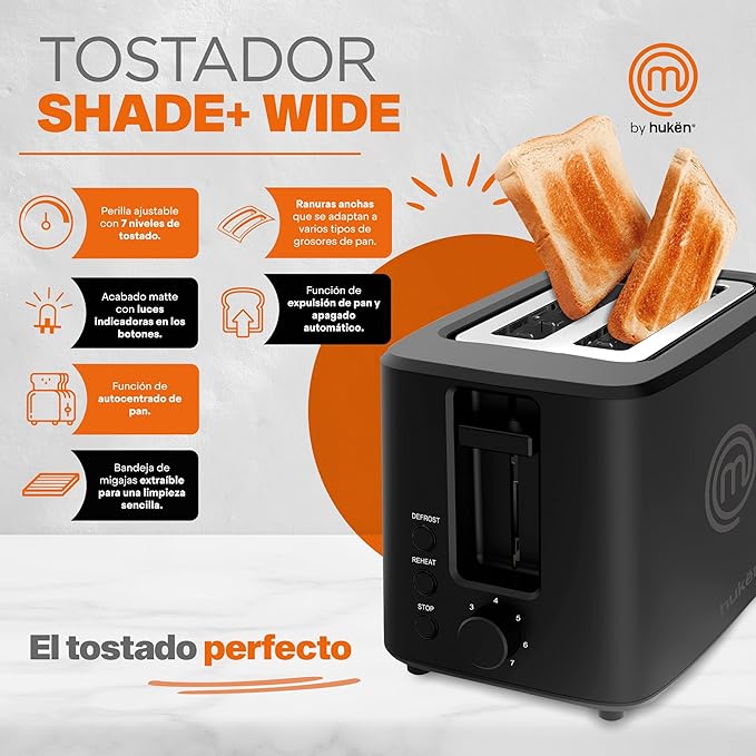 A MasterChef by Hukën | Tostador de Pan | Ranura Extra Grande | Para 2 rebanadas | 7 niveles de tostado | 750 W | Función Recalentar y Descongelar |