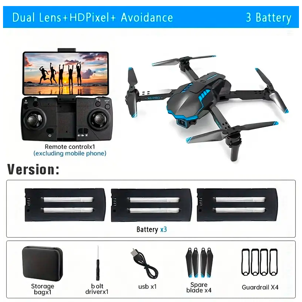 Mini Drone x6 ProPlegable Con Cámara, Baterías, Evitación De Obstáculos, Modo De Gravedad .