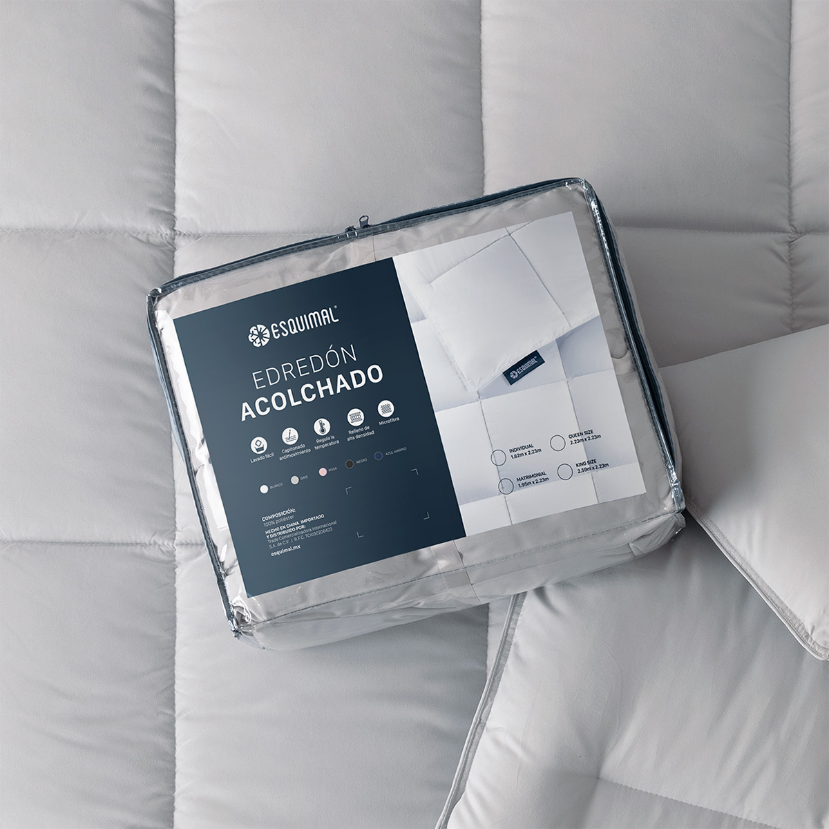 Edredón Acolchado Duvet Queen Size Hipoalergénico Gris ESQUIMAL.