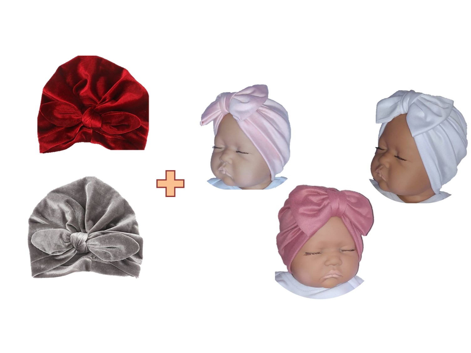 Set de 5 Turbantes - Gorritos para Bebé Niña (2 de Terciopelo + 3 de Algodón) - TYAMIA: Accesorios Esenciales para Bebés Recién Nacidas hasta 4 meses.