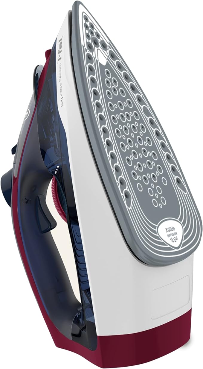 A T-FAL Plancha de vapor Express Steam suela de cerámica True Ceramic Glide, con 5 niveles de temperatura. Capacidad de 270 ml, planchado más rápido. Plancha sobre cierres, navy vino, FV2833X0