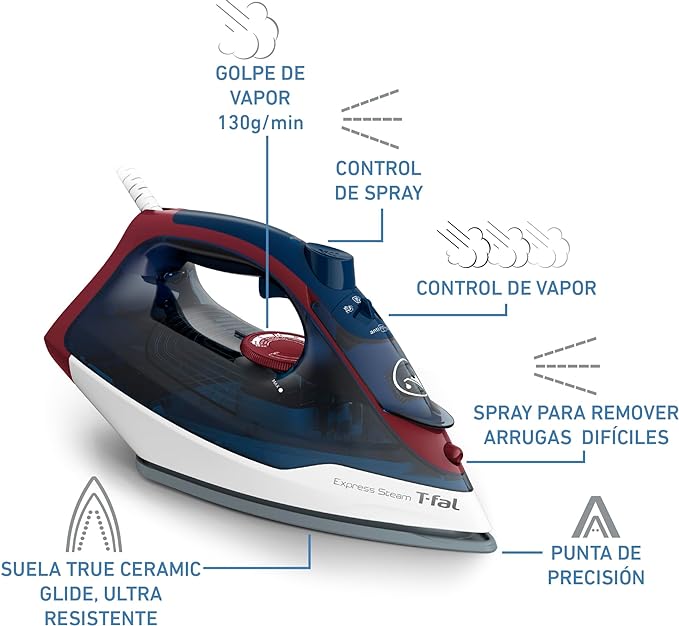 A T-FAL Plancha de vapor Express Steam suela de cerámica True Ceramic Glide, con 5 niveles de temperatura. Capacidad de 270 ml, planchado más rápido. Plancha sobre cierres, navy vino, FV2833X0