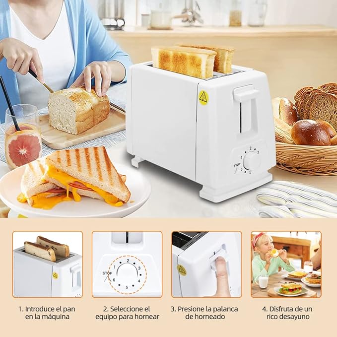 A Tostador de Pan, 2 Rebanadas Tostadora, 6 Niveles de Tostado con Paro Automático, Acero Inoxidable Tostadora