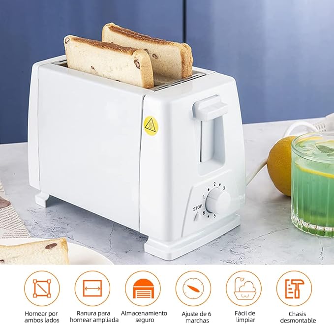 A Tostador de Pan, 2 Rebanadas Tostadora, 6 Niveles de Tostado con Paro Automático, Acero Inoxidable Tostadora