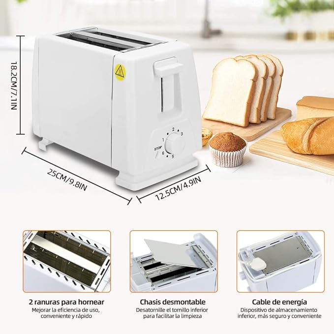 A Tostador de Pan, 2 Rebanadas Tostadora, 6 Niveles de Tostado con Paro Automático, Acero Inoxidable Tostadora