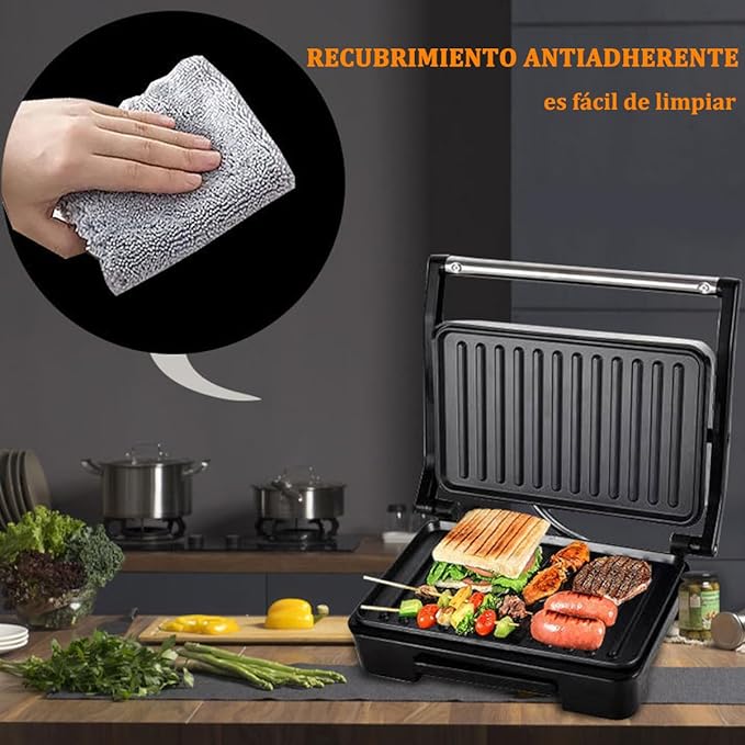 A Sandwichera,Prensa para Panini,Plancha Eléctrica,2 en 1 para Cualquier Espesor de Sándwich, Parrillas Antiadherentes de 27 x 22 Centímetros,Acero inoxidable