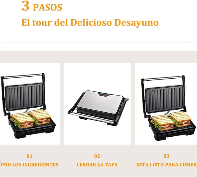 A Sandwichera,Prensa para Panini,Plancha Eléctrica,2 en 1 para Cualquier Espesor de Sándwich, Parrillas Antiadherentes de 27 x 22 Centímetros,Acero inoxidable