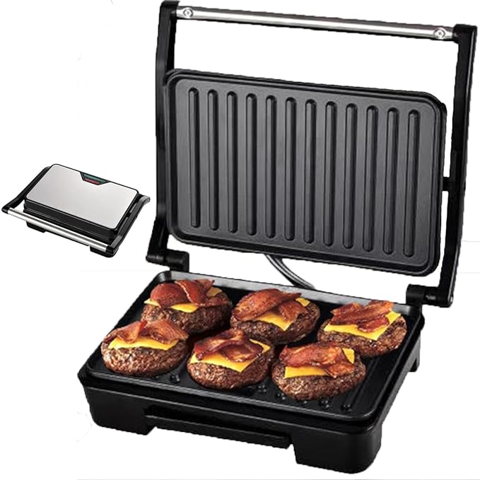 A Sandwichera,Prensa para Panini,Plancha Eléctrica,2 en 1 para Cualquier Espesor de Sándwich, Parrillas Antiadherentes de 27 x 22 Centímetros,Acero inoxidable