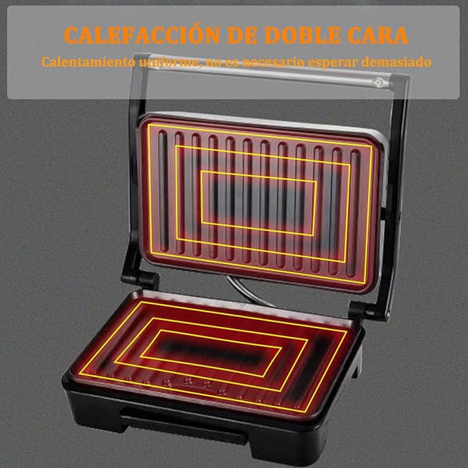 A Sandwichera,Prensa para Panini,Plancha Eléctrica,2 en 1 para Cualquier Espesor de Sándwich, Parrillas Antiadherentes de 27 x 22 Centímetros,Acero inoxidable