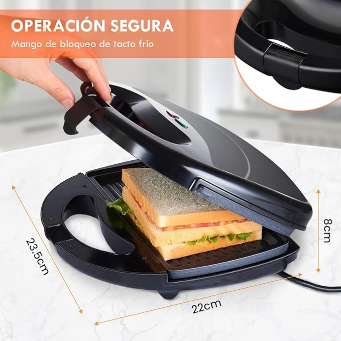 A EASYTAO Máquina Sandwichera 850W Negro, Recubrimiento Antiadherente Negra, Fácil de Limpiar, Capacidad para 4 Sándwiches y Superficie Grill,Indicador Luminoso, doble