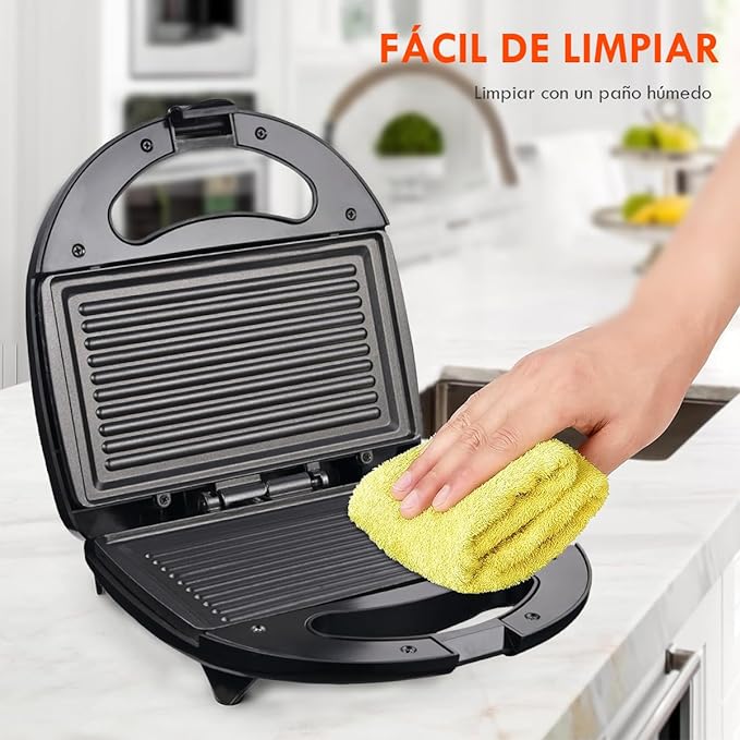 A EASYTAO Máquina Sandwichera 850W Negro, Recubrimiento Antiadherente Negra, Fácil de Limpiar, Capacidad para 4 Sándwiches y Superficie Grill,Indicador Luminoso, doble