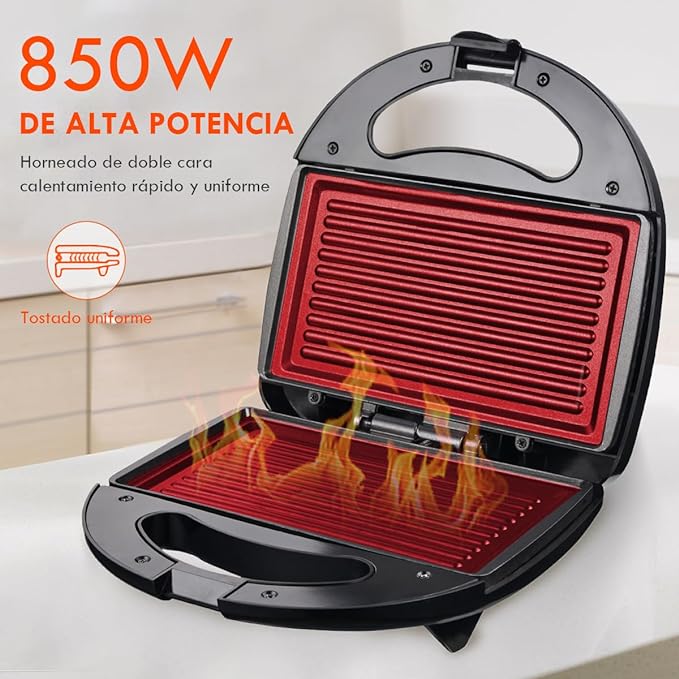 A EASYTAO Máquina Sandwichera 850W Negro, Recubrimiento Antiadherente Negra, Fácil de Limpiar, Capacidad para 4 Sándwiches y Superficie Grill,Indicador Luminoso, doble