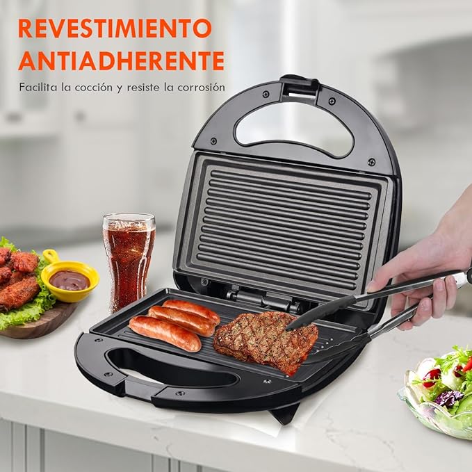 A EASYTAO Máquina Sandwichera 850W Negro, Recubrimiento Antiadherente Negra, Fácil de Limpiar, Capacidad para 4 Sándwiches y Superficie Grill,Indicador Luminoso, doble