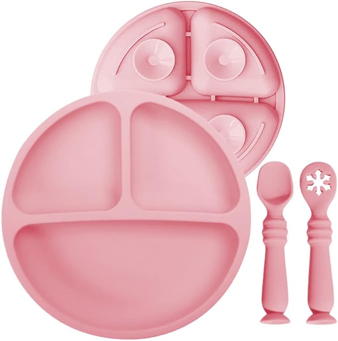 A Platos para Bebe, Plato Bebé de Silicona con Ventosa, Antideslizante, Fácil de Limpiar, Apto para Microondas, Sin BPA, Hay 2 Cucharas de Entrenamiento para Bebes. (Rosado)