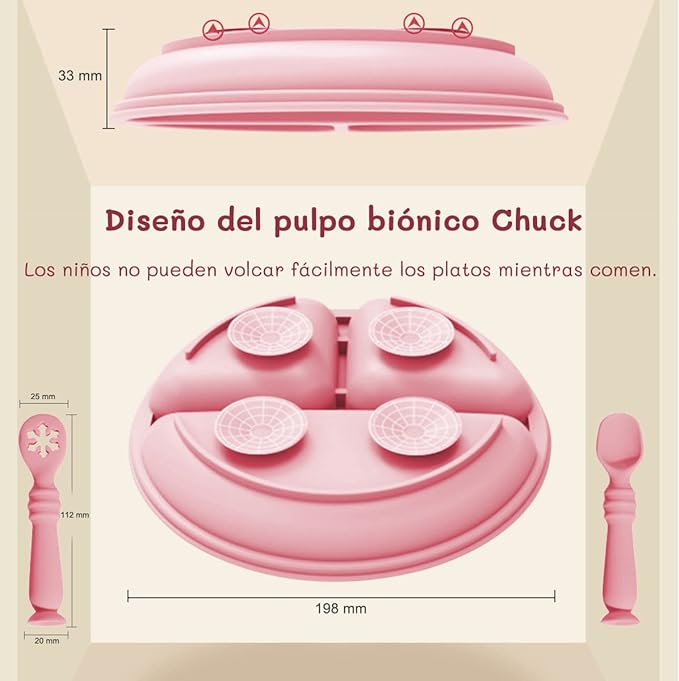 A Platos para Bebe, Plato Bebé de Silicona con Ventosa, Antideslizante, Fácil de Limpiar, Apto para Microondas, Sin BPA, Hay 2 Cucharas de Entrenamiento para Bebes. (Rosado)