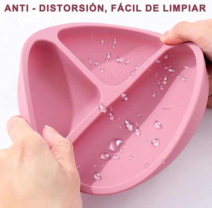 A Platos para Bebe, Plato Bebé de Silicona con Ventosa, Antideslizante, Fácil de Limpiar, Apto para Microondas, Sin BPA, Hay 2 Cucharas de Entrenamiento para Bebes. (Rosado)