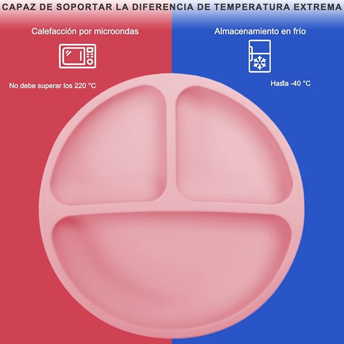 A Platos para Bebe, Plato Bebé de Silicona con Ventosa, Antideslizante, Fácil de Limpiar, Apto para Microondas, Sin BPA, Hay 2 Cucharas de Entrenamiento para Bebes. (Rosado)