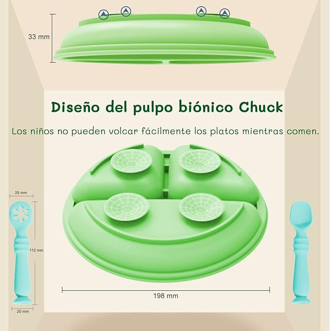 A Platos para Bebe, Plato Bebé de Silicona con Ventosa, Antideslizante, Fácil de Limpiar, Apto para Microondas, Sin BPA, Hay 2 Cucharas de Entrenamiento para Bebes. (Verde)