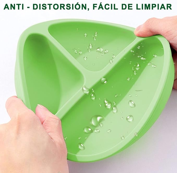 A Platos para Bebe, Plato Bebé de Silicona con Ventosa, Antideslizante, Fácil de Limpiar, Apto para Microondas, Sin BPA, Hay 2 Cucharas de Entrenamiento para Bebes. (Verde)