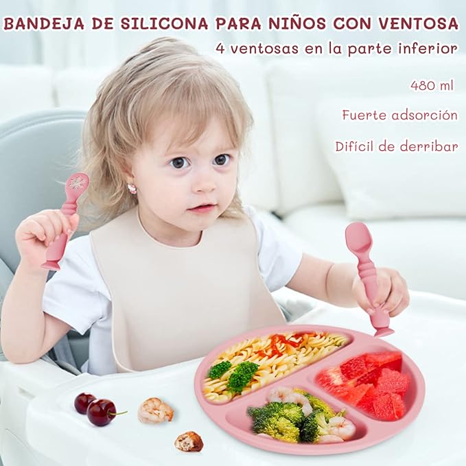 A Platos para Bebe, Plato Bebé de Silicona con Ventosa, Antideslizante, Fácil de Limpiar, Apto para Microondas, Sin BPA, Hay 2 Cucharas de Entrenamiento para Bebes. (Rosado)