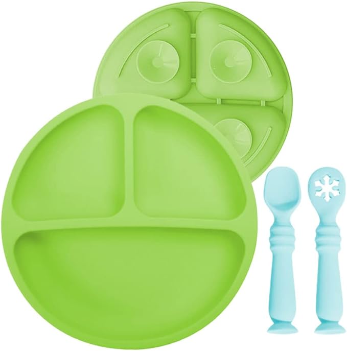 A Platos para Bebe, Plato Bebé de Silicona con Ventosa, Antideslizante, Fácil de Limpiar, Apto para Microondas, Sin BPA, Hay 2 Cucharas de Entrenamiento para Bebes. (Verde)