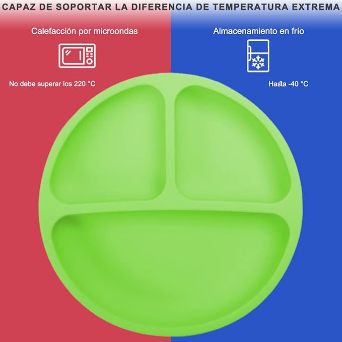 A Platos para Bebe, Plato Bebé de Silicona con Ventosa, Antideslizante, Fácil de Limpiar, Apto para Microondas, Sin BPA, Hay 2 Cucharas de Entrenamiento para Bebes. (Verde)