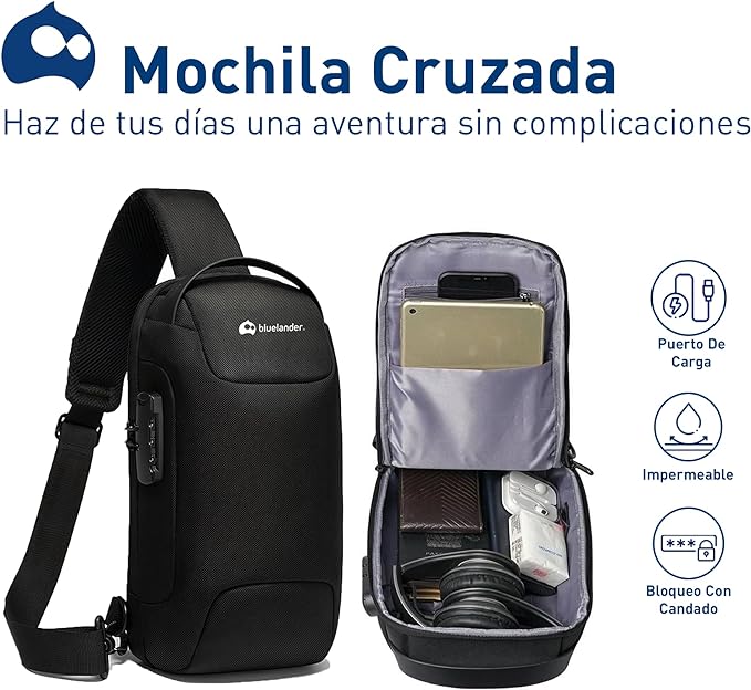 A Mariconera- Bandolera - Bluelander Mochila Antirrobo Cruzada, Bolso de Pecho para Hombre con Seguro de Código Integrado, Puerto USB Resistente al Agua, Ligero y Seguro, Bolso Bandolera para Viajes, Deportes.