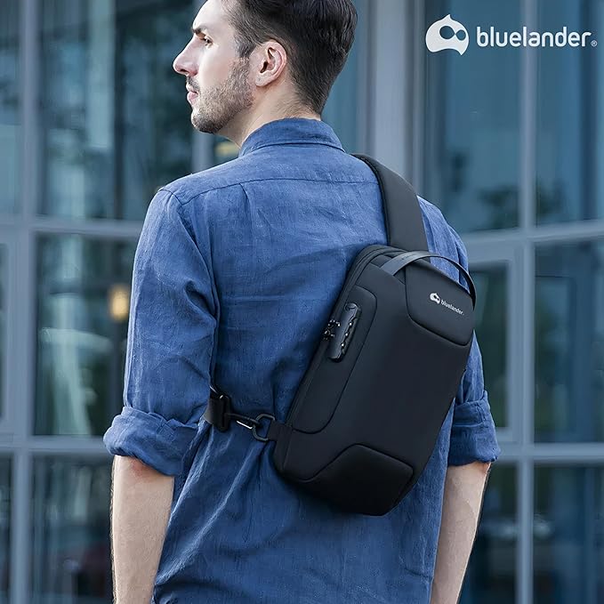 A Mariconera- Bandolera - Bluelander Mochila Antirrobo Cruzada, Bolso de Pecho para Hombre con Seguro de Código Integrado, Puerto USB Resistente al Agua, Ligero y Seguro, Bolso Bandolera para Viajes, Deportes.