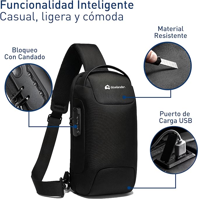 A Mariconera- Bandolera - Bluelander Mochila Antirrobo Cruzada, Bolso de Pecho para Hombre con Seguro de Código Integrado, Puerto USB Resistente al Agua, Ligero y Seguro, Bolso Bandolera para Viajes, Deportes.