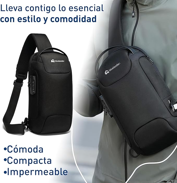 A Mariconera- Bandolera - Bluelander Mochila Antirrobo Cruzada, Bolso de Pecho para Hombre con Seguro de Código Integrado, Puerto USB Resistente al Agua, Ligero y Seguro, Bolso Bandolera para Viajes, Deportes.