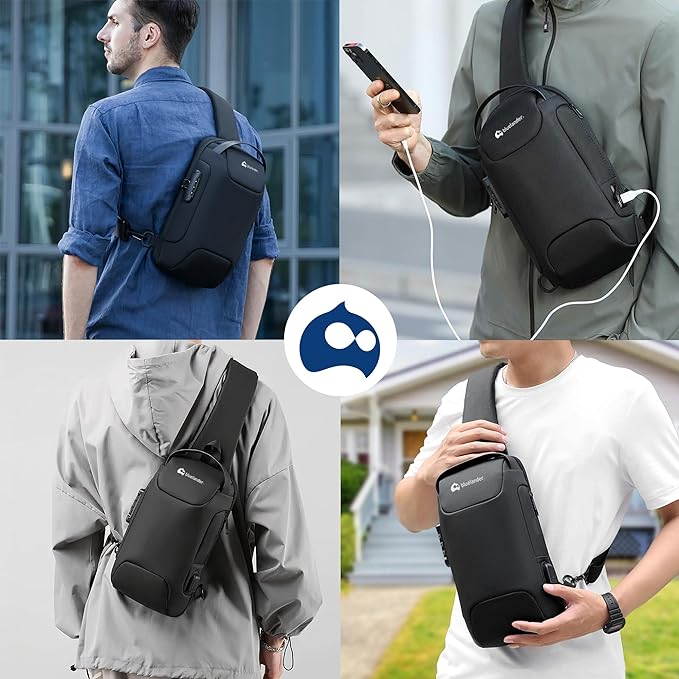 A Mariconera- Bandolera - Bluelander Mochila Antirrobo Cruzada, Bolso de Pecho para Hombre con Seguro de Código Integrado, Puerto USB Resistente al Agua, Ligero y Seguro, Bolso Bandolera para Viajes, Deportes.