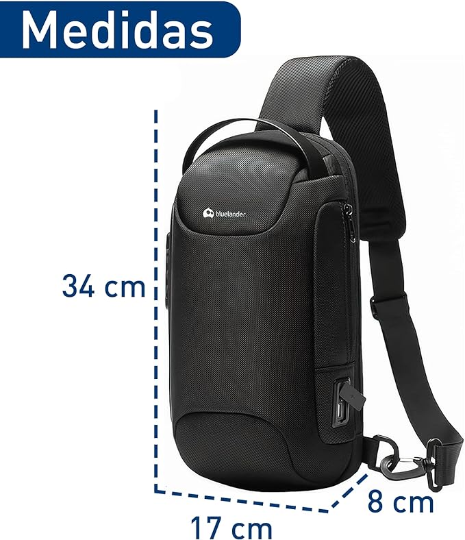 A Mariconera- Bandolera - Bluelander Mochila Antirrobo Cruzada, Bolso de Pecho para Hombre con Seguro de Código Integrado, Puerto USB Resistente al Agua, Ligero y Seguro, Bolso Bandolera para Viajes, Deportes.
