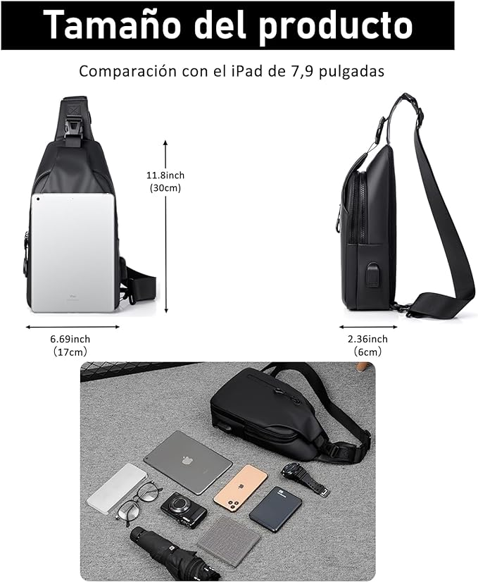 A Bandolera- Mariconera Bolsa Antirrobo Hombre, SHANDABULIU Bolsa de Hombre Cruzada, Mochila para Hombre Cruzada con Puerto USB, Mochila Cruzada Antirrobo para Hombre(Negro)