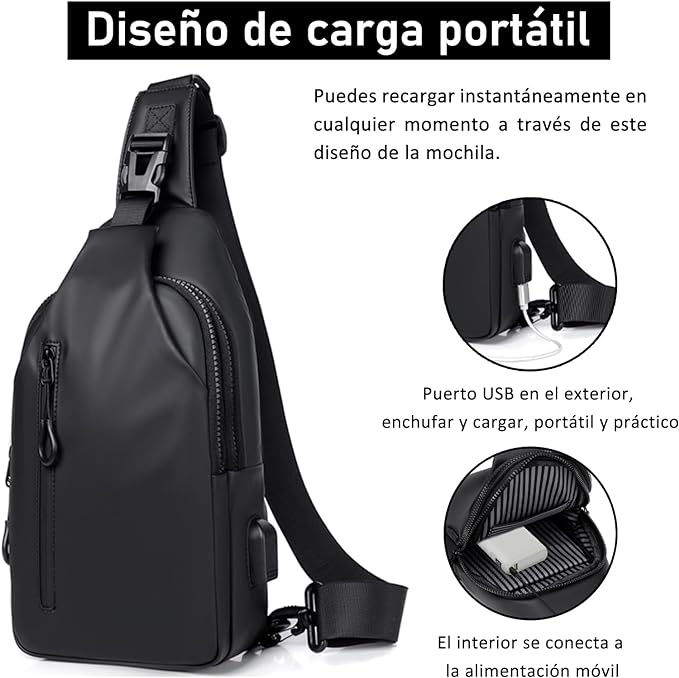 A Bandolera- Mariconera Bolsa Antirrobo Hombre, SHANDABULIU Bolsa de Hombre Cruzada, Mochila para Hombre Cruzada con Puerto USB, Mochila Cruzada Antirrobo para Hombre(Negro)