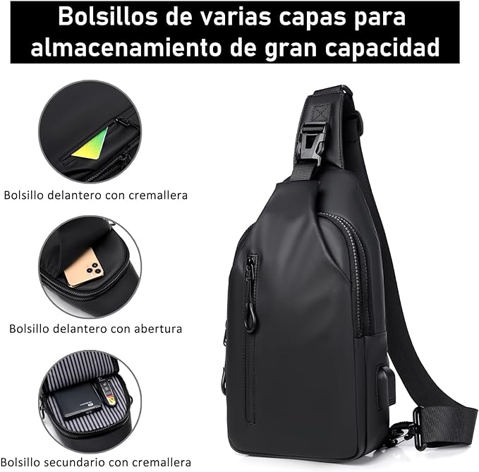 A Bandolera- Mariconera Bolsa Antirrobo Hombre, SHANDABULIU Bolsa de Hombre Cruzada, Mochila para Hombre Cruzada con Puerto USB, Mochila Cruzada Antirrobo para Hombre(Negro)