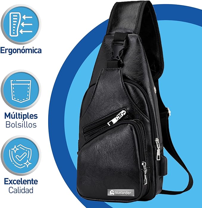 A Bluelander Mochila Cruzada Bolso de Pecho para Hombre Puerto USB para Power Bank, Cuero Sintético Impermeable Ligero y Seguro, Bandolera con Compartimentos para Tablets y Celular.