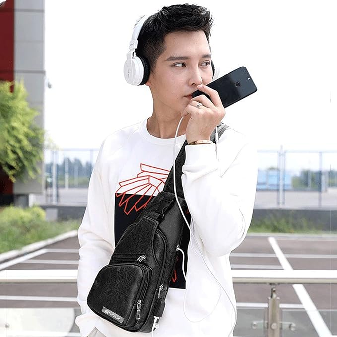 A Bluelander Mochila Cruzada Bolso de Pecho para Hombre Puerto USB para Power Bank, Cuero Sintético Impermeable Ligero y Seguro, Bandolera con Compartimentos para Tablets y Celular.