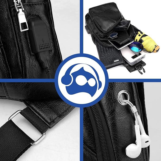A Bluelander Mochila Cruzada Bolso de Pecho para Hombre Puerto USB para Power Bank, Cuero Sintético Impermeable Ligero y Seguro, Bandolera con Compartimentos para Tablets y Celular.