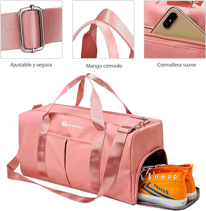 A Bluelander Maleta Deportiva de Mano para Gimnasio, Compartimento para Zapatos, Bolso de Viaje, Bolsillo Impermeable, Resistente, Correa Ajustable Perfecta Gimnasio, Natación y Viaje (Rosa Pastel).