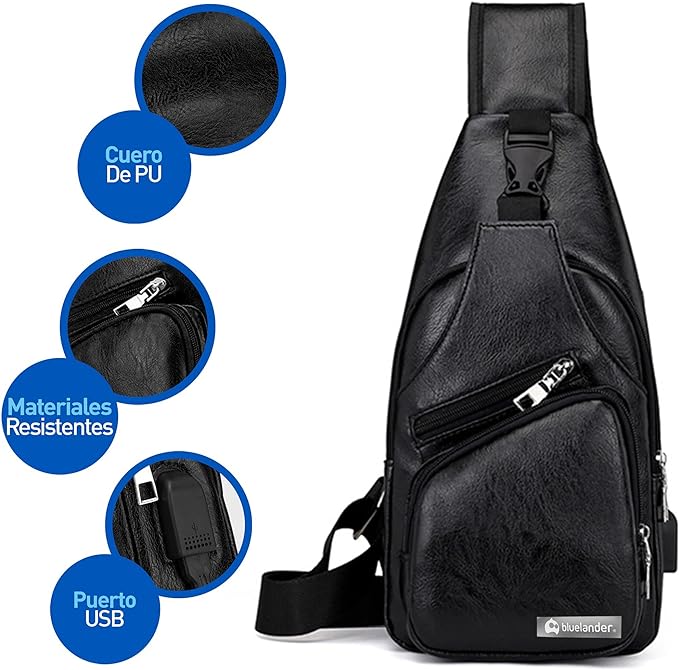 A Bluelander Mochila Cruzada Bolso de Pecho para Hombre Puerto USB para Power Bank, Cuero Sintético Impermeable Ligero y Seguro, Bandolera con Compartimentos para Tablets y Celular.