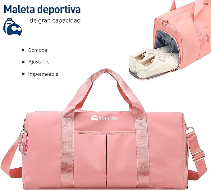 A Bluelander Maleta Deportiva de Mano para Gimnasio, Compartimento para Zapatos, Bolso de Viaje, Bolsillo Impermeable, Resistente, Correa Ajustable Perfecta Gimnasio, Natación y Viaje (Rosa Pastel).