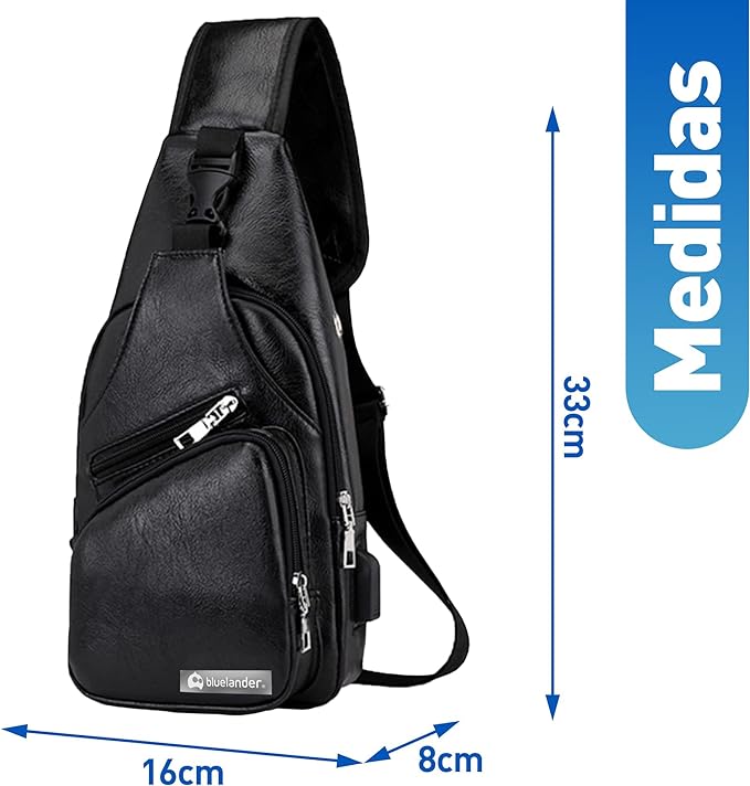 A Bluelander Mochila Cruzada Bolso de Pecho para Hombre Puerto USB para Power Bank, Cuero Sintético Impermeable Ligero y Seguro, Bandolera con Compartimentos para Tablets y Celular.