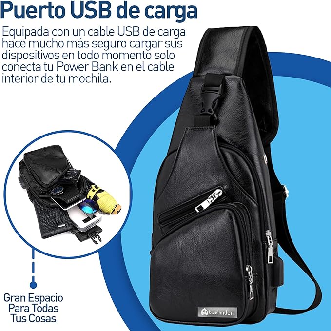 A Bluelander Mochila Cruzada Bolso de Pecho para Hombre Puerto USB para Power Bank, Cuero Sintético Impermeable Ligero y Seguro, Bandolera con Compartimentos para Tablets y Celular.