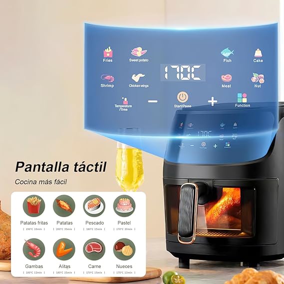 Freidora de aire, Sebami 8L Freidora Sin Aceite Freidora eléctrica inteligente Freidora de aire caliente Pantalla LED Táctil Ventana Transparente Freidora de Aire Caliente Sin BPA