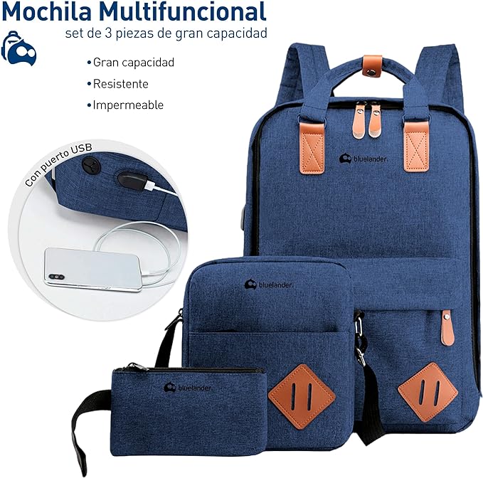 A Bluelander Mochila Azul  3 en 1, Mochila para Laptop, Mochila Cruzada y Lapicera, Mochila para Viaje con Puerto USB, Mochila para Hombre, Mujer Múltiples Compartimentos, Set de 3 Piezas