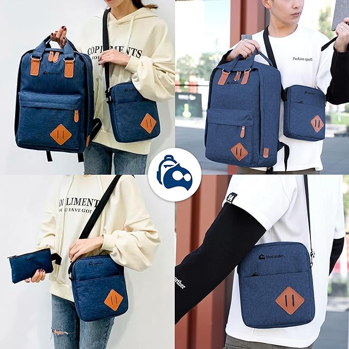 A Bluelander Mochila Azul  3 en 1, Mochila para Laptop, Mochila Cruzada y Lapicera, Mochila para Viaje con Puerto USB, Mochila para Hombre, Mujer Múltiples Compartimentos, Set de 3 Piezas