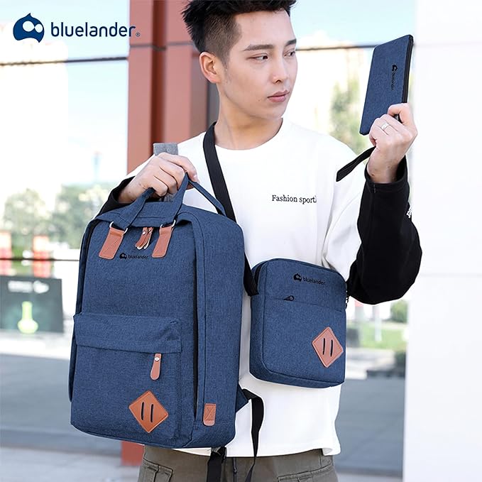 A Bluelander Mochila Azul  3 en 1, Mochila para Laptop, Mochila Cruzada y Lapicera, Mochila para Viaje con Puerto USB, Mochila para Hombre, Mujer Múltiples Compartimentos, Set de 3 Piezas