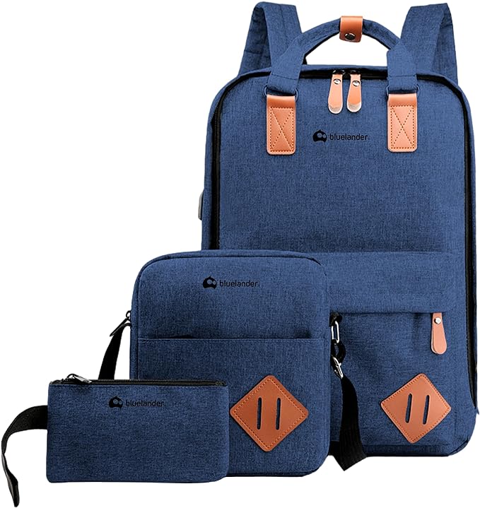 A Bluelander Mochila Azul  3 en 1, Mochila para Laptop, Mochila Cruzada y Lapicera, Mochila para Viaje con Puerto USB, Mochila para Hombre, Mujer Múltiples Compartimentos, Set de 3 Piezas